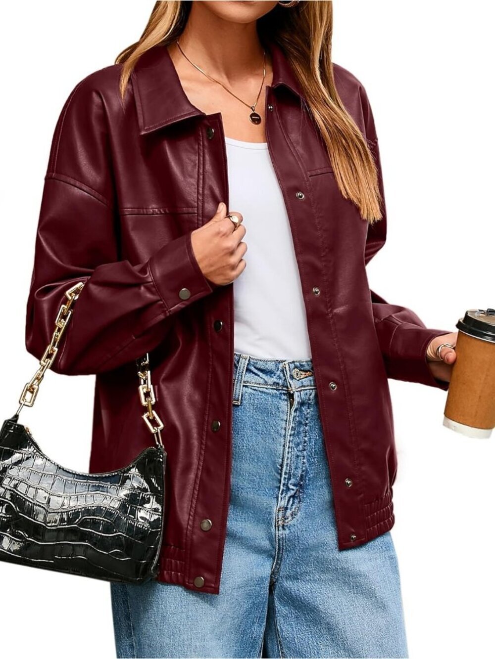 Women's Burgundy Polyurethane Trendy Loose Fit Button Down Leather Jacket